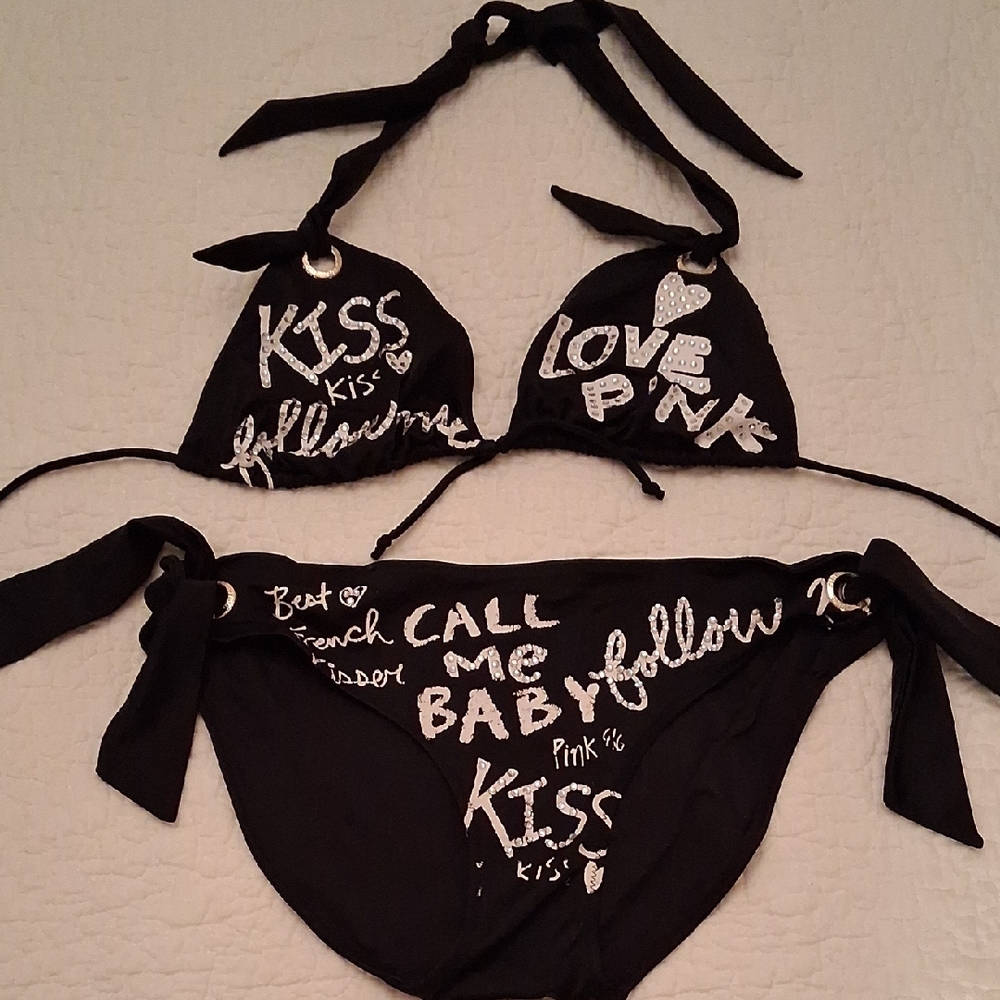 Vintage Victoria Secret PINK Black Bling Kiss Bikini